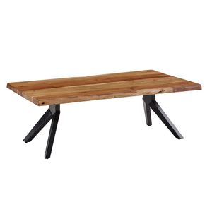 WOHNLING Couchtisch 115x37x64 cm Akazie Massivholz / Metall Baumkante, Design Sofatisch Eckig, Stubentisch Industrial Braun, Wohnzimmertisch Holz Rechteckig