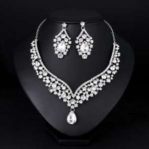 1 Set Braut-Ohrringe, Halskette, Strass-Kunstkristall-Schmuck, aushöhlen, verstellbare Halskette, Ohrringe für Hochzeit
