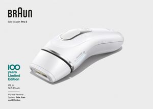 Braun Silk-expert Pro 5, epilátor s pulzním světlem pro ženy, designová edice s cestovním pouzdrem - bílý BRAUN Barva výrobku: bílá, Napájení: AC, Technologie epilace: Intenzivní pulzní světlo (IPL), Použití na tělo: Ano, Přesnost nástavce (obličej): Ano