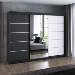 Schwebetürenschrank, 3-türig Schrank 200 cm mit 4 Schubladen, und Spiegel, Retrostil  Premum! Moderne Garderobe für Kleidung. Verschiedene Farben (Weiß, Schwarz, Somona) Kleiderschrank VILANO 1