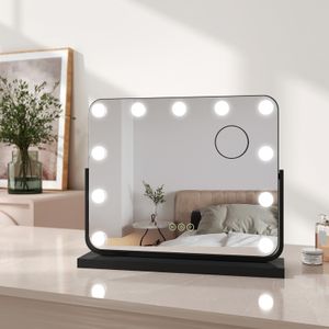 EMKE Hollywood Kosmetikspiegel 118x500x416mm mit 7x Vergrößerungsspiegel, Schwarz Schminkspiegel mit intelligent Touchscreen und 3 Lichtfarben, 11 Dimmer-LED-Leuchten, 360° drehbar und Memory-Funktion