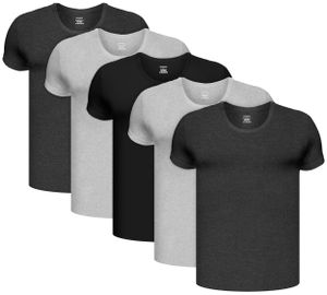 BRUBAKER 5er Pack Herren Unterhemd mit Rundhals Ausschnitt - Kurzarm T-Shirt - aus hochwertiger Baumwolle (glatt) - Extra Lang - ohne Seitennaht - 1x Schwarz, 2x Anthrazit, 2x Hellgrau - Größe S