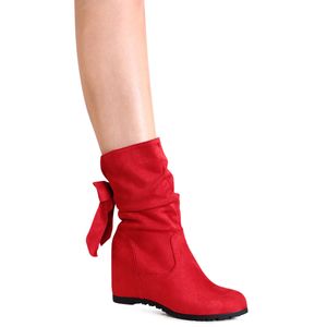 topschuhe24 2909 Damen Keilabsatz Stiefel Velours Waden Boots, Farbe:Rot, Größe:38 EU