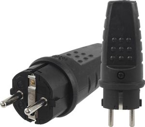 Gummistecker Schuko 16A 230V Gummi Stecker IP44 Schwarz Schutzkontakt
