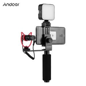 Andoer Smartphone Vlogging Handgriff Handy Videoaufzeichnungshalter Griff Stabilisator Handyklemme 40mm-85mm Breite mit Mikrofon und Mini-LED-Licht