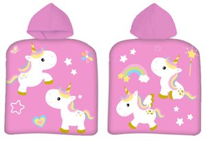 Einhorn Kinder Badeponcho mit Kapuze Unicorns Regenbogen Sterne pink 50x100 cm 100% Baumwolle