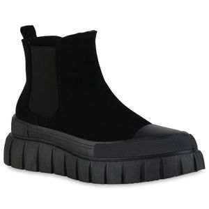 VAN HILL Damen Stiefeletten Plateau Boots Keilabsatz Profil-Sohle Schuhe 839512, Farbe: Schwarz, Größe: 37