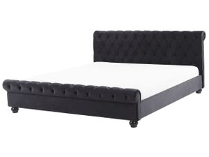 Wasserbett Schwarz Samtstoff mit Matratze 140 x 200 cm Heizung Hohes Kopfteil Chesterfield Style Knopfheftung Versteppt Holzbeine Schlafzimmer