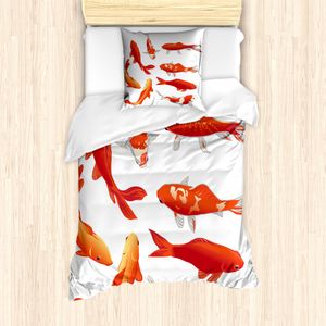 ABAKUHAUS Koifisch Mantele, Koi Shoal chinesischen Tier, Milbensicher Allergiker geeignet mit Kissenbezügen, 135 cm x 200 cm - 80 x 80 cm, Orange Weiss