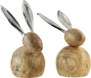 Dekoracja wielkanocna drewniane króliczki metalowe uszy vintage, 2 szt., naturalny/srebrny, wys. 10/12,5 cm