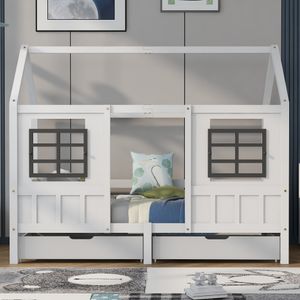 Flieks Hausbett Einzelbett Kinderbett mit Lattenrost und 2 Schubladen Kiefer weiß 200x90cm ohne Matratze