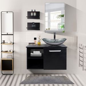 Puluomis Badmöbel Set mit Waschbecken Waschbeckenunterschrank mit Waschbecken Waschtisch Unterschrank mit Spiegel badezimmer Küche schwarz silbern
