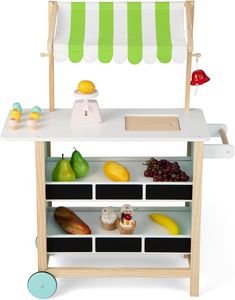Kinder Eiswagen mit 6 Spielzeug-Eiscreme, Kaufladen aus Holz mit 2 Rädern und Markise, Einkaufsladen für Kinder ab 3 Jahren (Grün)