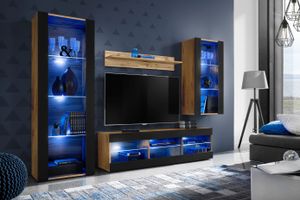 Komodee | Wohnwand mit TV-Schrank und Vitrine Tivoli Set Medio, Korpus Wotan Matt Frontfarbe Schwarz Matt, LED Blau