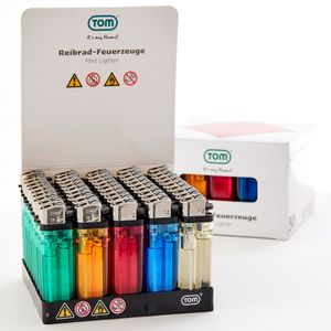 TOM Reibrad Feuerzeuge | 50er Display Set | 5 Farben | Nachfüllbar | mit Feuerstein | Soft Flame