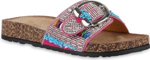 VAN HILL Damen Pantoletten Sandalen Strass Zierperlen Schnallen Schuhe 840988, Farbe: Fuchsia, Größe: 40