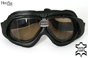 Motorradbrille Fliegerbrille ECHT LEDER Chopper Biker schwarz mit getöntem Glas