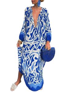 Maxikleider Damen Langarm Dresses Button Down Lang Kleid Boho Strandkleid Baggy Kleider Blau,Größe XXL