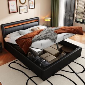 Flieks Čalúnená posteľ 140x200 cm Úložná posteľ s lamelovým roštom a LED diódou, boxspringová posteľ Manželská posteľ Funkčná posteľ s úložným priestorom, posteľ pre mladých z umelej kože bez matraca, čierna