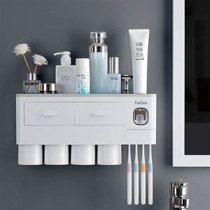 Automatischer Zahnpastaspender mit Zahnbürstenhalter an der Wand, 4 Magnetbechern und Kosmetik-Organizer-Schublade