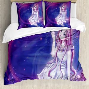 ABAKUHAUS Anime Bettbezug, Lila Anime Fairy sitzen, Milbensicher Allergiker geeignet mit Kissenbezügen, 155 cm x 220 cm - 80 x 80 cm, Lila-blau