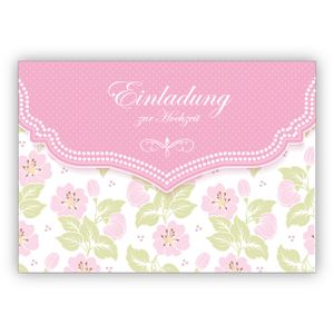 4x Schöne Einladungskarte mit zartem Blüten Muster in ros für Brautpaare: Einladung zur Hochzeit