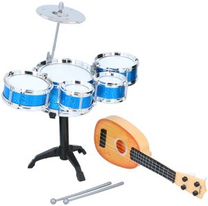 Kinderschlagzeug Drum-Set mit Ukulele, Schlaginstrument und Saiteninstrument für Kinder, 5 Jazz-Drums mit 2 Sticks, Trommelständer und Becken