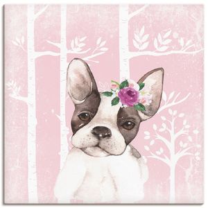 ARTland Leinwandbild Mops Hund mit Blumen im pink Wald Größe: 30x30 cm