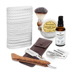 Störtebekker Rasurpflege Set Premium - Rasiermesser Holzgriff & Leder-Etui (Café), Rasierpinsel, Rasierschale, Rasiertuch, Rasieröl & Rasierseife