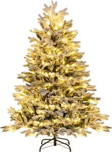 COSTWAY Künstlicher Weihnachtsbaum mit Schnee und Beleuchtung, 146 cm Tannenbaum mit 200 Warmweißen LED-Lichtern, 688 gemischten Zweigspitzen, Christbaum, Kunstbaum Weihnachten, weiß-grün