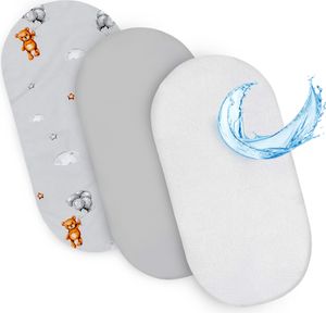 Spannbettlaken Kinderwagen Baby Spannbetttücher 3er Set: 75 x 35 cm - 2X Bettlaken + 1x wasserdichter Matratzenschoner - Babybett Zubehör für Kinderbett Beistellbett Stubenwagen