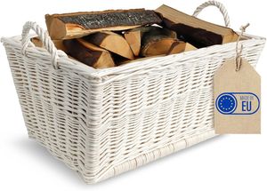 Creative Home Kaminholzkorb Weide Holzkorb für Kaminholz Weiß 47 x 33 x 30 cm Brennholzkorb Feuerholzkorb mit Innenfutter aus Jute