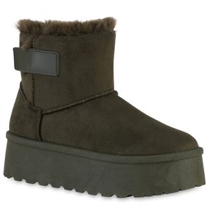 VAN HILL Damen Warm Gefütterte Plateau Boots Bequeme Kunstfell Schuhe 840751, Farbe: Olivgrün, Größe: 39