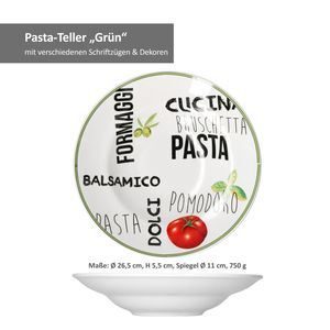 4er Set Pastateller mit Nachbildung Grün & Rot 26,5cm Nudel Teller Essteller tief Weißes Geschirr bunt