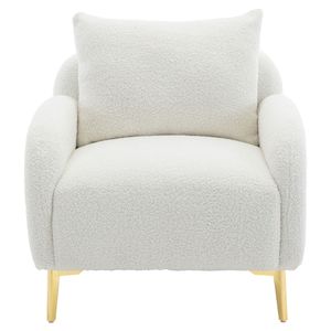 Merax Čalúnené kreslo so zlatými kovovými nohami a zadnými vankúšmi, Teddy Velvet Relax Chair Lounger Single Lounge Sofa, biele