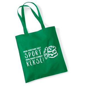 HUURAA! Jutebeutel Verstand Sport Bauch Kekse Tasche Baumwolle 10 Liter Kelly Green mit lustigem Motiv