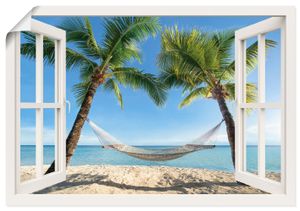 eyetronic: Fensterblick - Urlaub am Palmenstrand in der Karibik mit Hängematte, Produkt:Poster, Größe (HxB):70x100 cm / Poster