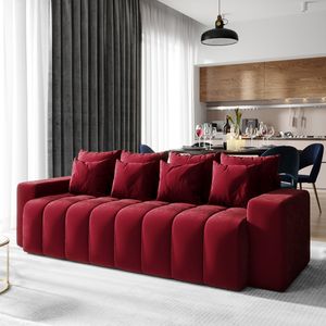 Selsey Sofa BATILO - Couch in Bordeauxrot mit Schlaffunktion, Bettkasten und 8 abnehmbaren Rückenkissen, 240 cm breit