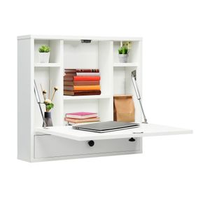 COSTWAY Wandtisch mit Ablagefächern & Schublade, Klapptisch, klappbarer Computertisch, Schreibtisch für kleine Räume & Office (Weiß)