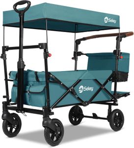 Sekey Bollerwagen Faltbar Transportwagen Handwagen mit Dach und Bremse bis 150 kg Kinder 2 Sitzer mit 3-Punkt Gurtsystem, Blau