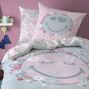 Smiley HAPPY FLOWER Bettwäsche 80x80 + 135x200 cm · Blumen & Herzen Bettwäsche für Kinder · 100% Baumwolle in Renforcé · mit Reißverschluss