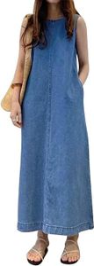 Damen Sommer-Jeanskleid, Baumwolle, ärmellos, lässig, langes Kleid mit Taschen, Strandkleid