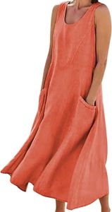 ASKSA Damen Sommer Baumwoll Tankkleid Einfarbig A-Linie Strandkleid Lose Kleider Sommerkleid mit Taschen, Orange, S