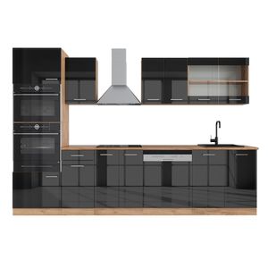 Livinity® Küchenzeile R-Line, 300 cm mit Hochschrank, ohne Arbeitsplatte, Anthrazit Hochglanz/Goldkraft Eiche
