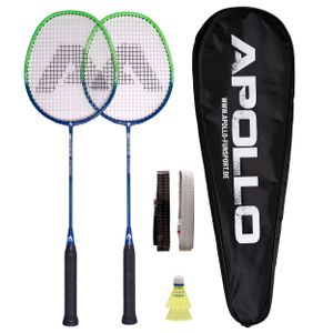 Apollo Badminton Set | Carbon Profi Badmintonschläger | Leichtgewicht Badminton Schläger | Federballschläger Set für Training, Sport und Unterhaltung mit Schlägertasche | Federball Set Kinder - blau/grün