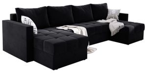 E-ZIMPAZ Ecksofa MIO U 142x300 cm Eckcouch U-Form mit Schlaffunktion und Bettkasten Wohnlandschaft mit Kissen Sofa XXL Polsterecke - Schwarz KR7