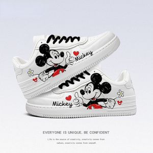 Damen Cartoon Mickey Sneakers Cute Ins Low-Top Turnschuhe Handgemalt Student Atmungsaktiv Sportschuhe Weiß 35