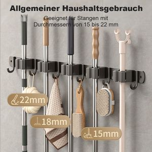 Besenhalterung Wand 5 Halter + 4 Haken Gerätehalter Selbstklebend Gartengerätehalter, Wand Gerätehalter, Edelstahl Wandhalterung für Wischmopp, Besen,
