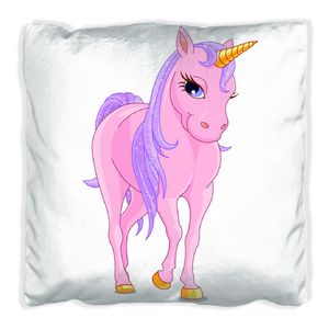 Wallario Premium Kissen, weiche Oberfläche, mit Motiv Einhorn in rosa mit Schweif in lila II, Größe: 40 x 40 cm, mit weißer Rückseite