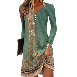 Damen Langarm Blusenkleider V-Ausschnitt Blumendruck Kurzkleid Casual Vintage Kleider  Grün,Größe:M